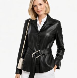 Lafayette 148 New York Preppy Classic Leather Belted Zip Cuffs Jacket Black 12